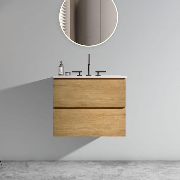 Unbranded 24 in. W x 18 in. D x 21 in. H Single Sink Wall-Mounted Bath Vanity in Oak with White Ceramic Top