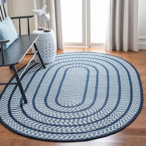 Braided Ivory Navy 6 ft. x 9 ft. Border Oval Area Rug