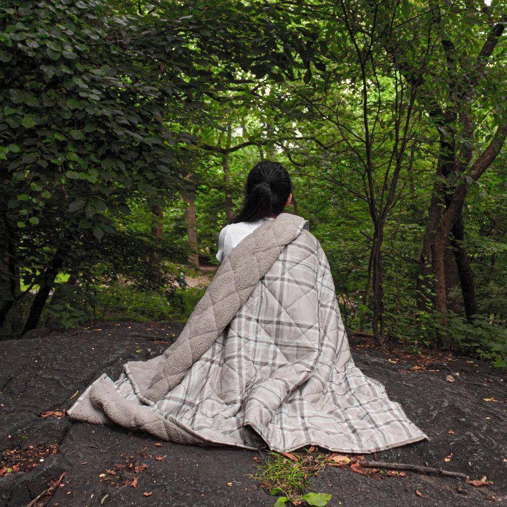 Taupe Plaid Sherpa Reversible Water Resistant Outdoor Throw Blanket