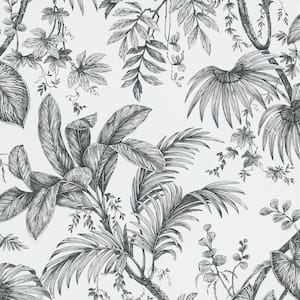 Large Palm Leaves And Stems Matte White/Black Vinyl on Non-woven Non-Pasted Wallpaper Roll