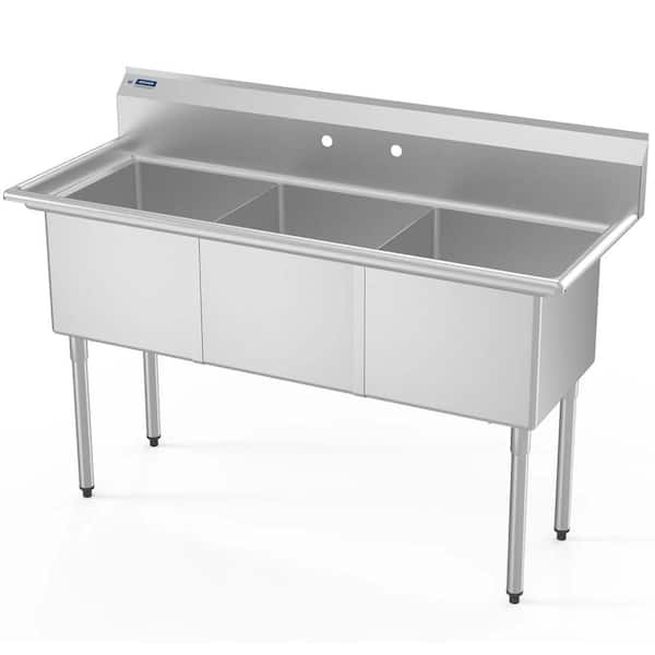 60in. 3 Compartment Freestanding Stainless Steel Commercial Kitchen Sink with Backsplash