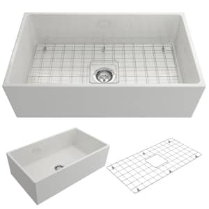 Contempo Farmhouse Apron Front Fireclay 33 in. Single Bowl Kitchen Sink with Bottom Grid and Strainer in White