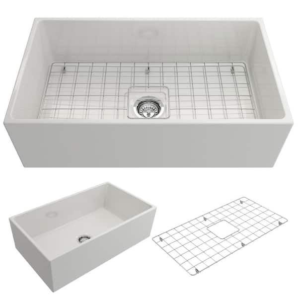 BOCCHI Contempo Farmhouse Apron Front Fireclay 33 in. Single Bowl Kitchen Sink with Bottom Grid and Strainer in White