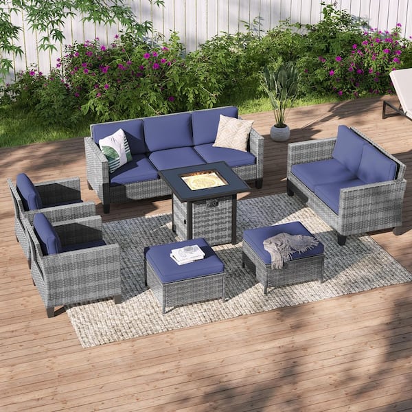 7-Pieces Patio Conversation Set with Square Fire Pit Table and Loveseat Sofa, Gray Wicker with Navy Blue Cushions