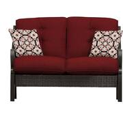 Ventura 4-Piece All-Weather Wicker Patio Conversation Set with Tile-Top Fire Pit with Crimson Red Cushions