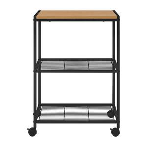 Industrial Black Metal Rolling Kitchen Microwave Cart with Wooden Top and 2-Tier Shelving (24" W)