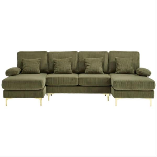104 in. 4-piece U-Shape Modern Corduroy Upholstered Sectional Sofa with Double Chaises and Lighting System in. Green