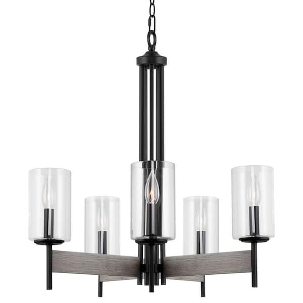Kira Home Winston 60-Watt 5-Light Black Farmhouse Chandelier with Clear Shade, No Bulb Included