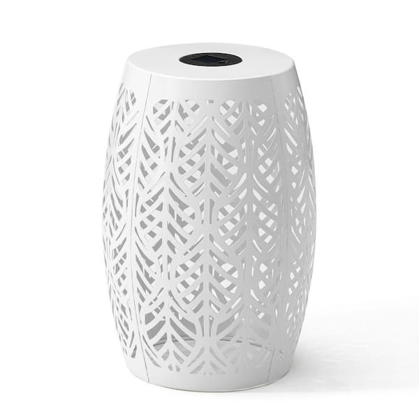 Glitzhome 18.25 in. H Kits and Accessories White Iron Cutout Leaf Pattern Drum Silhouette Solar Garden Stool or Planter Stand