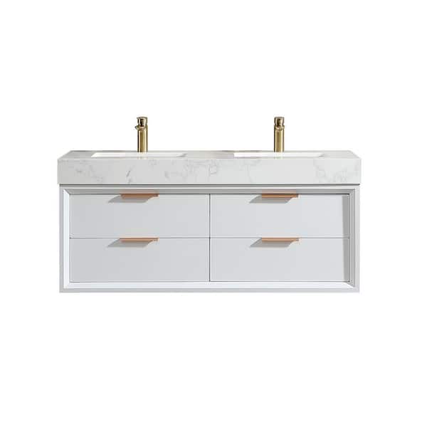 48 in. W x 20.8 in. D x 21.3 in. H Wall Mounted Floating Wood Bath Vanity Cabinet in White with White Acrylic Top