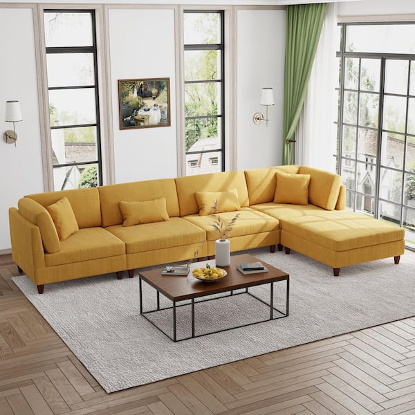 112.1 in. Straight Arm 5-Piece Corduroy Upholstered Modular Free Combination Sectional Sofa in Orange with Ottoman
