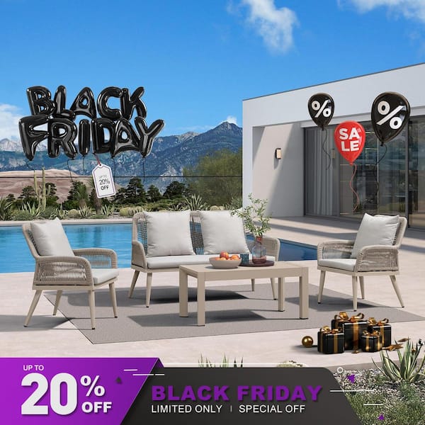 PURPLE LEAF 4-Piece Aluminum All-Weather Wicker Patio Conversation Set with Thick Sofa Cushions, Champagne