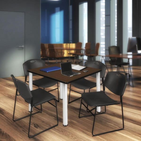 Kee 42 in. Neo Walnut Square Breakroom Table Desk and 4 Zeng Stack Chairs-Black