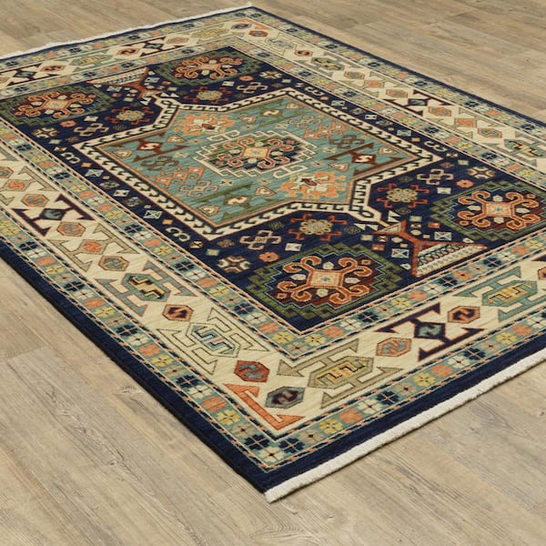 Lillian Blue/Ivory 2 ft. x 6 ft. Traditional Oriental Medallion Wool/Nylon Blend Fringed-Edge Indoor Runner Area Rug