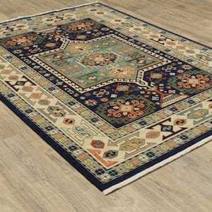 Lillian Blue/Ivory Doormat 3 ft. x 5 ft. Traditional Oriental Medallion Wool/Nylon Blend Fringed-Edge Indoor Area Rug