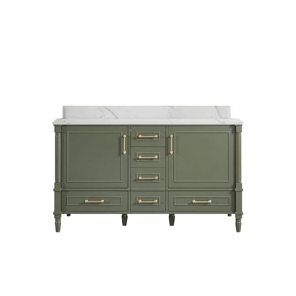 Willow Collections Hudson 60 in. W x 22 in. D x 36 in. H Double Sink Bath Vanity in Pewter Green with Cove Edge Calacatta Quartz Top