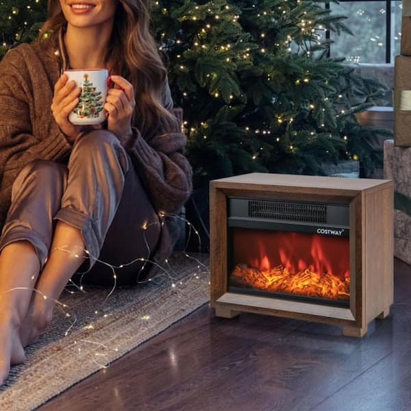 13 in. Portable Freestanding Electric Fireplace in Brown, 750W/1400W Heater for 300 sq. ft., Cool-Touch Top