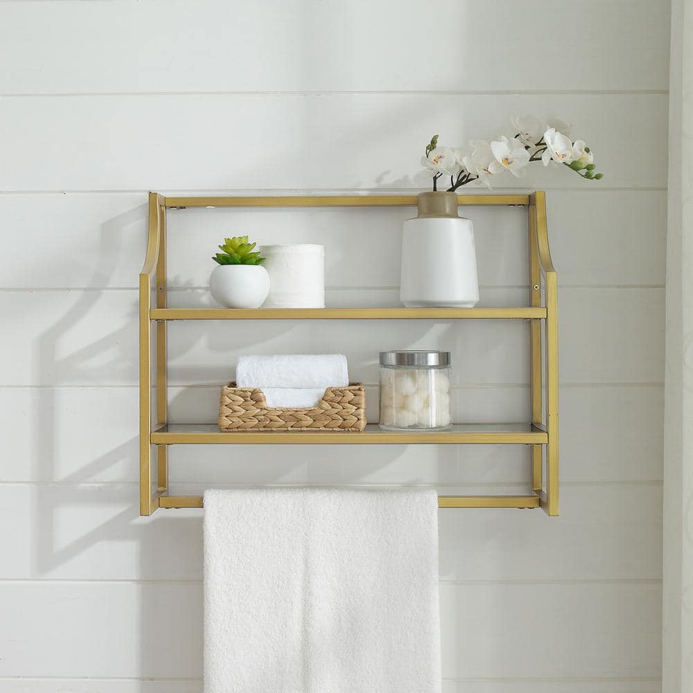 Soft Gold Sculptured Steel and Glass 28" Wall Shelf