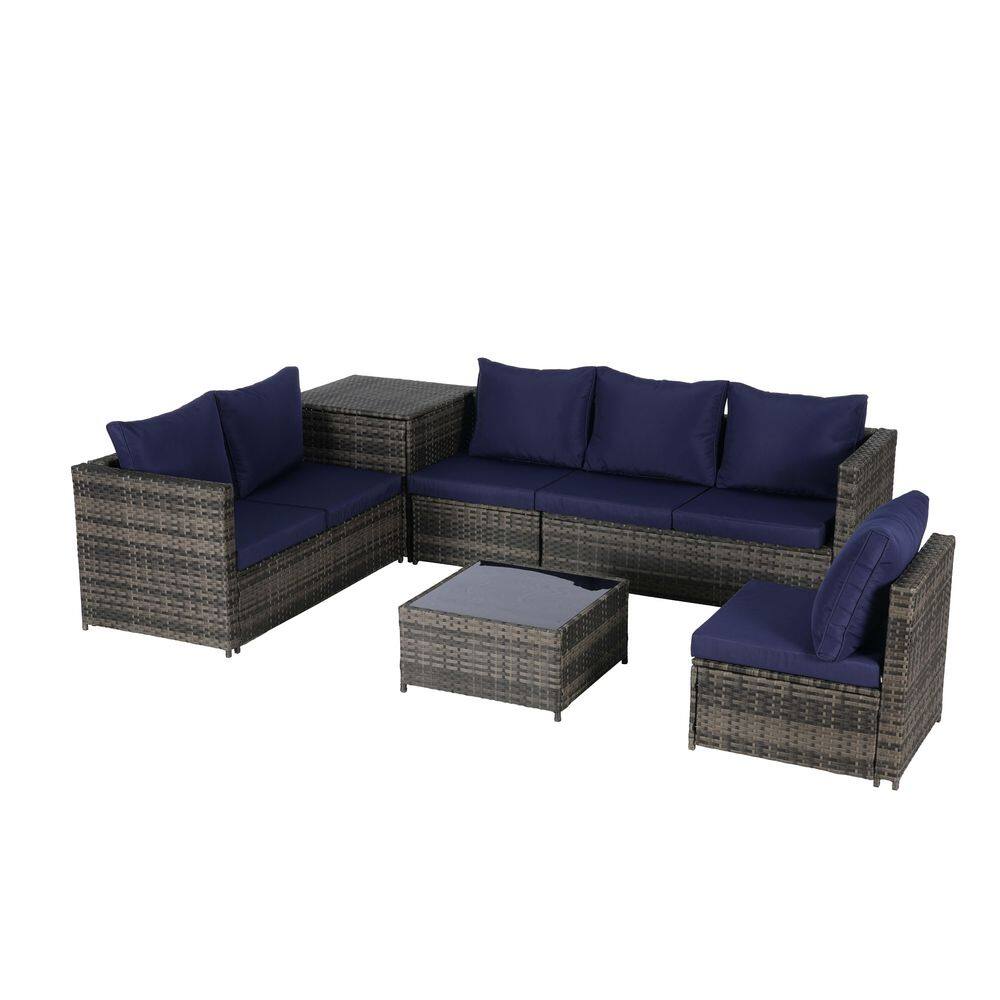6-Piece Wicker Patio Conversation Set with Dark Blue Cushions, Corner Table and Glass Top Table price history on PriceWatchPro