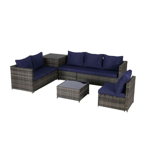 Tenleaf 6-Piece Wicker Patio Conversation Set with Dark Blue Cushions, Corner Table and Glass Top Table