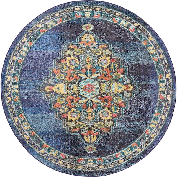 Nourison Passionate Navy Blue 5 ft. x 5 ft. Persian Vintage Round Area Rug