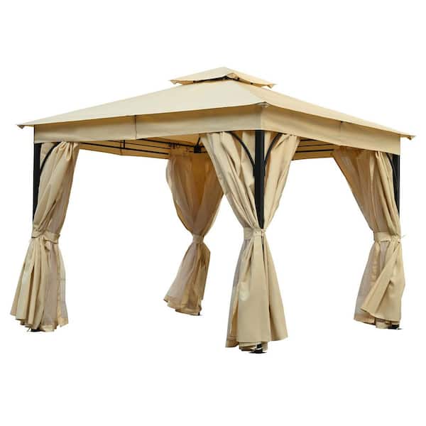 10 ft. x 10 ft. Beige Hardtop Outdoor Gazebo with Double Roof, Mosquito Netting and Privacy Screens