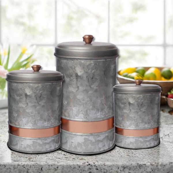 Benzara 3 Piece Galvanized Metal Lidded Gray Canister with Copper