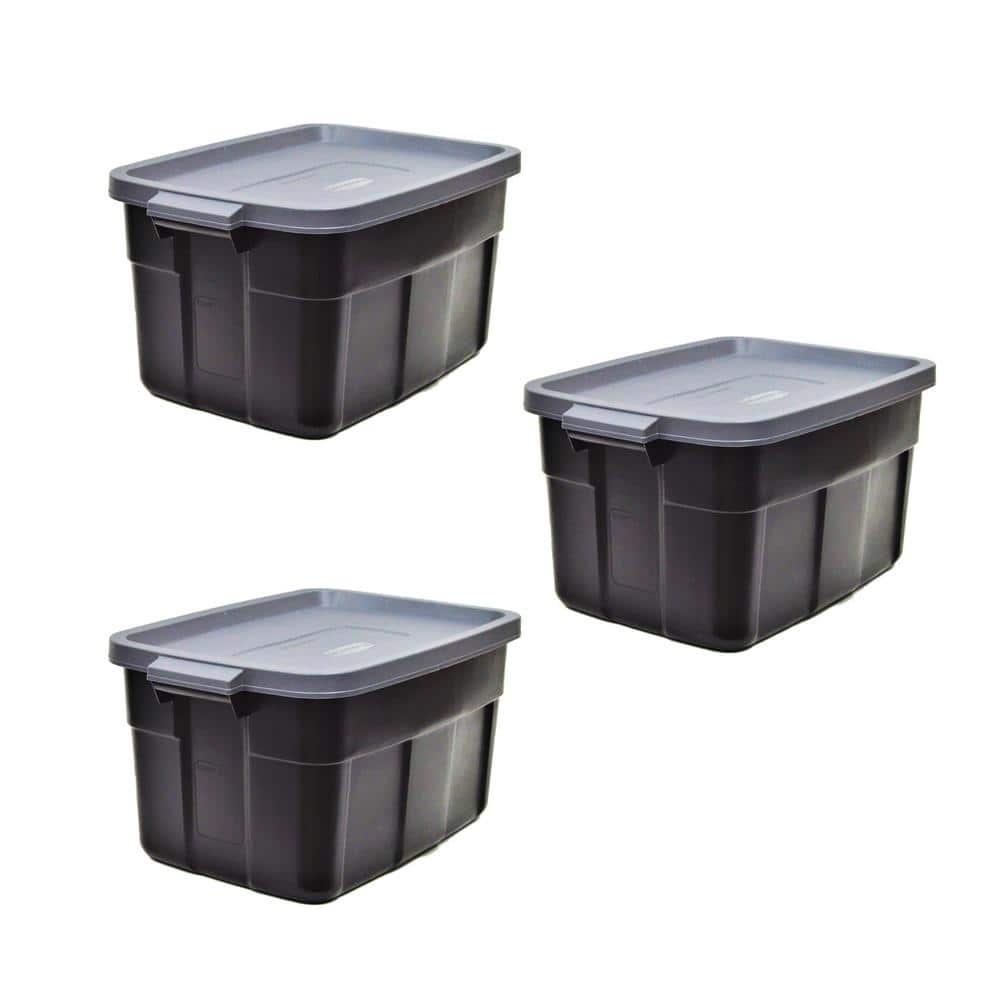 Rubbermaid Roughneck Tote Durable 18 Gallon Stackable Plastic Storage  Containers with Lids and Easy Carry Handles, Pack of 6, Black/Cool Gray