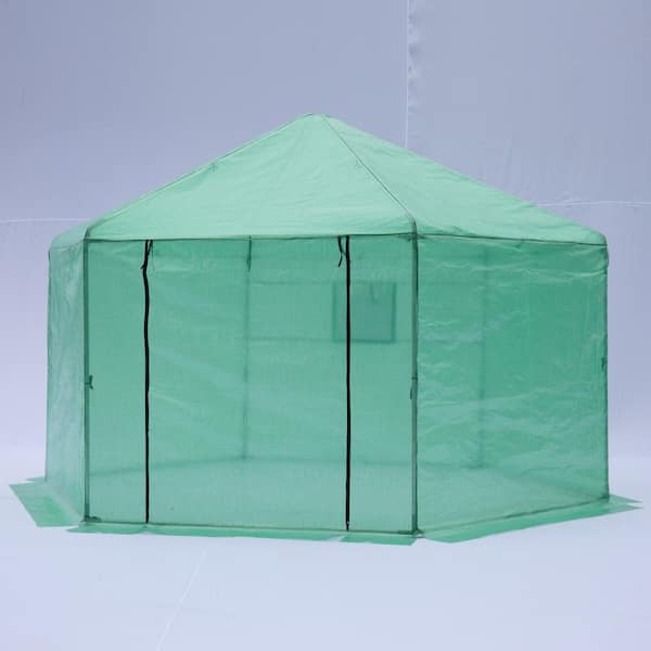 Runesay 13.1 ft. W x 13.1 ft. D x 8.6 ft. H Portable Hexagonal Walk-In Greenhouse in Green