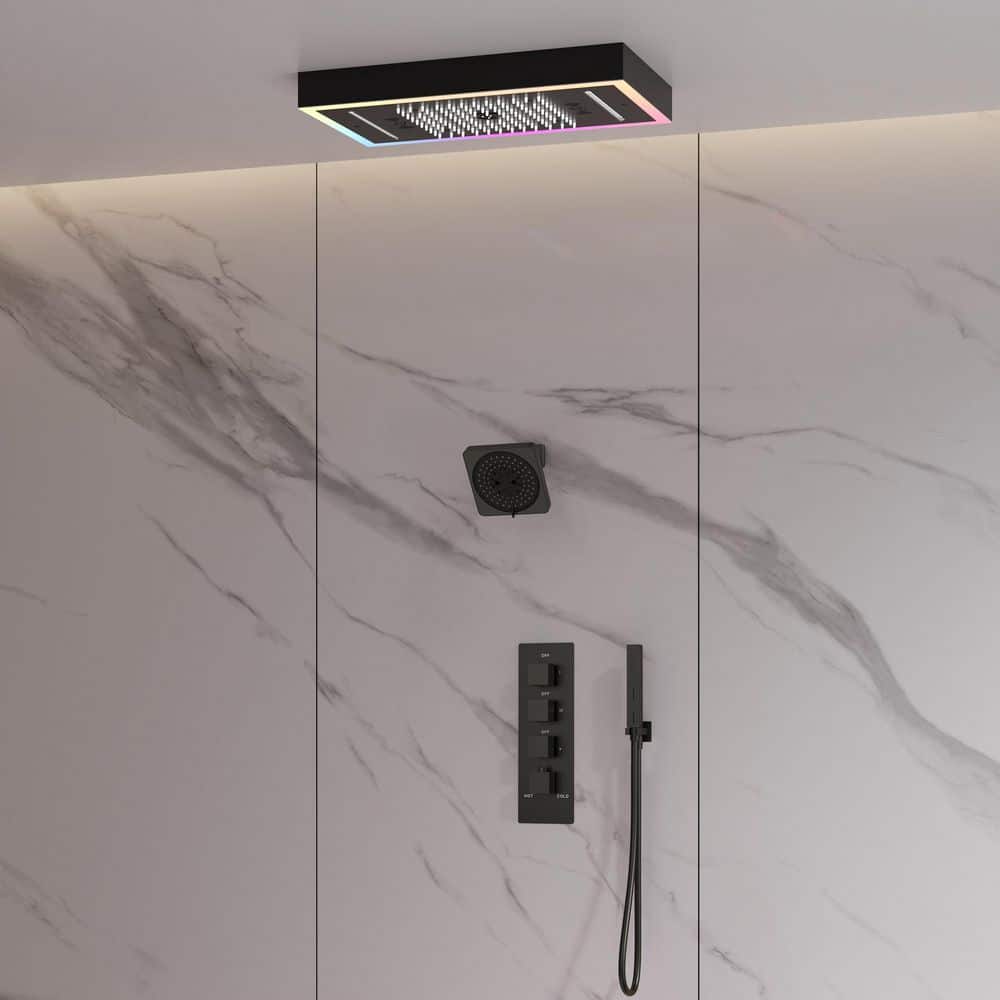 LED Ceiling Mounted 4-Handle 4-Spray Shower Faucet with Music 2.5 GPM with Thermostatic Valve in Matte Black Anti Scald price history on PriceWatchPro