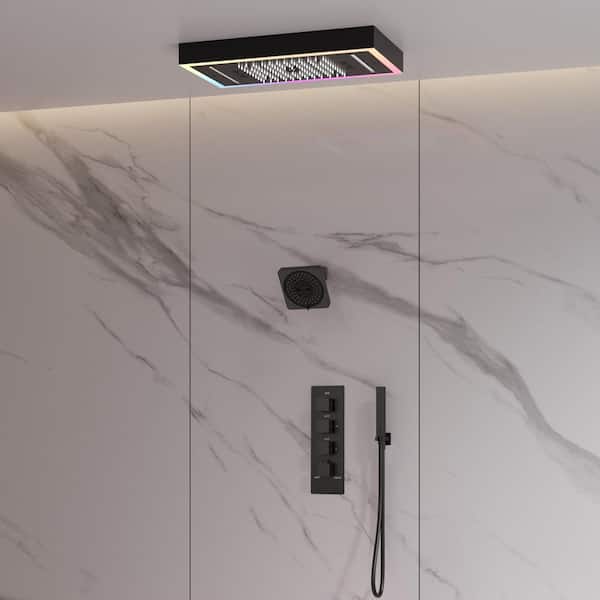 LED Ceiling Mounted 4-Handle 4-Spray Shower Faucet with Music 2.5 GPM with Thermostatic Valve in Matte Black Anti Scald