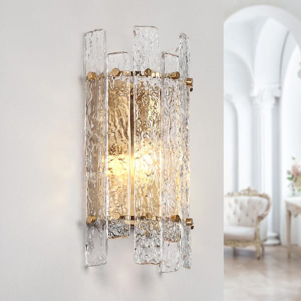 LNC Chanmoliria 5.9 in. 1-Light Plating Brass Wall Sconce with Handmade Rectangle Glacial Glass