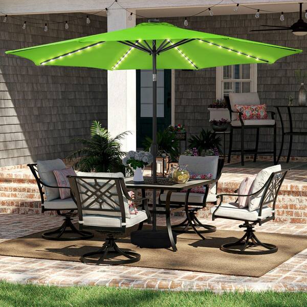 11 ft. led round offset outdoor patio umbrella AURA Outdoor 11 ft. Apple Green Round Solar LED Metal Rotation Cantilever Offset Outdoor Patio Umbrella with a Base in Sand