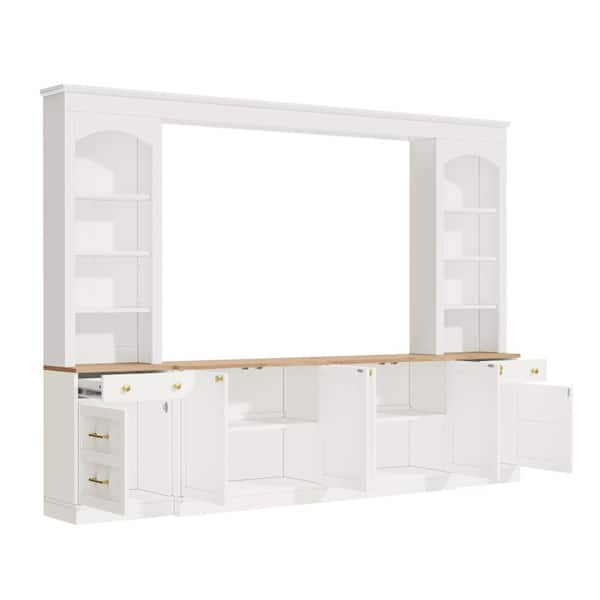 White TV Stand Fits TV's up to 70 in. with Drawers, Storage Cabinets, Open Shelves