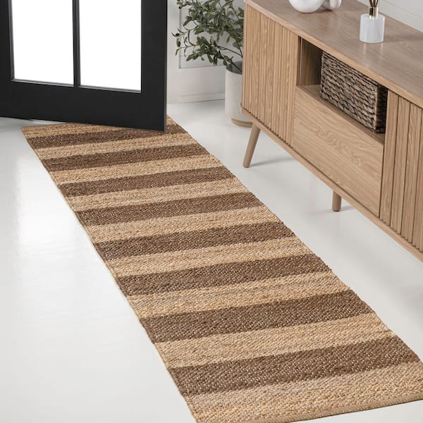 Jayden Rustic Farmhouse Woven Jute Stripe Natural/Brown 2 ft. x 10 ft. Runner Rug