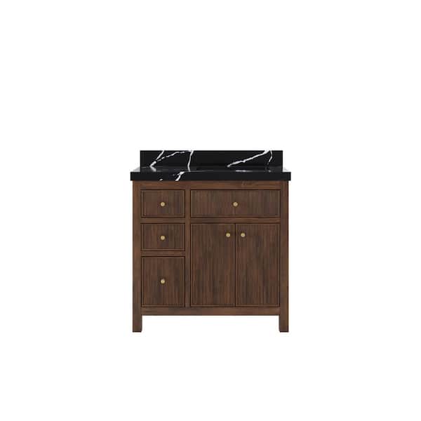 Willow Collections Sonoma Teak 36 in. Right Offset Sink Freestanding Dark Walnut Bath Vanity with Calacatta Black Qt. Top Unassembled