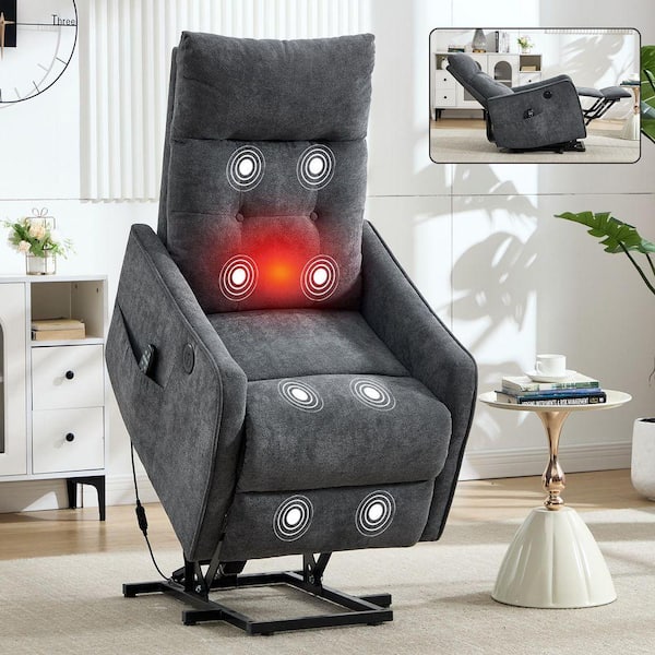 Dark Gray Chenille Power Lift Recliner Chair with Heating Massage and USB Port