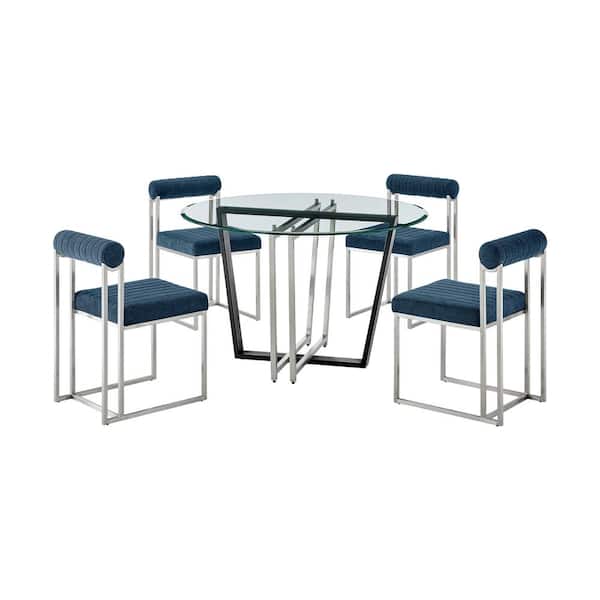 Armen Living Devi and Anastasia 5-Piece Blue and Glass Top Dining Set Seats 4