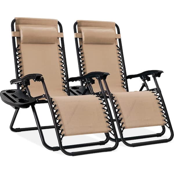 Unbranded Set of 2 Adjustable Steel Mesh Zero Gravity Lounge Chair Reclinerswith Pillows and Cup Holder Trays - Sand