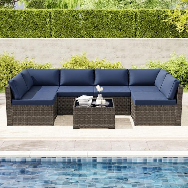 JOYSIDE 7-Piece Brown Wicker Outdoor Patio Sectional Set with Blue Cushions