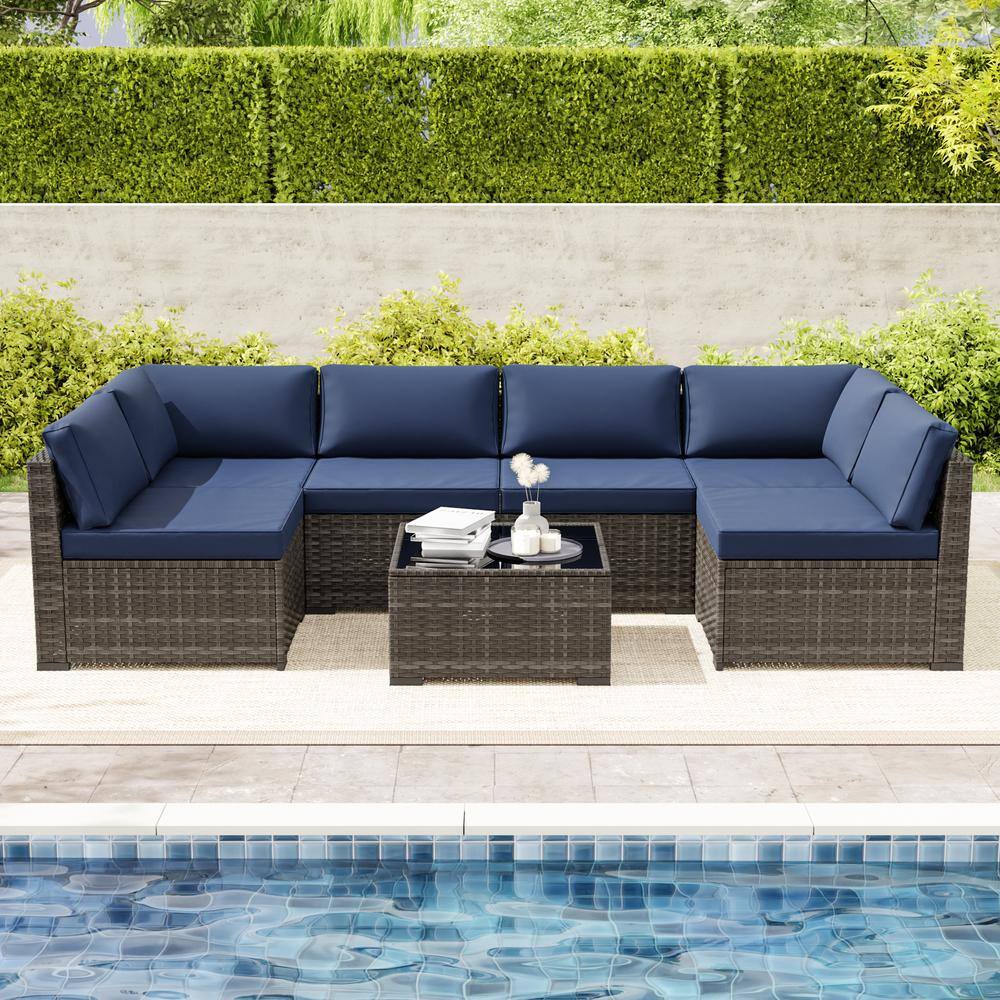 7-Piece Brown Wicker Outdoor Sectional Set Patio Sofa with Blue Cushions price history on PriceWatchPro