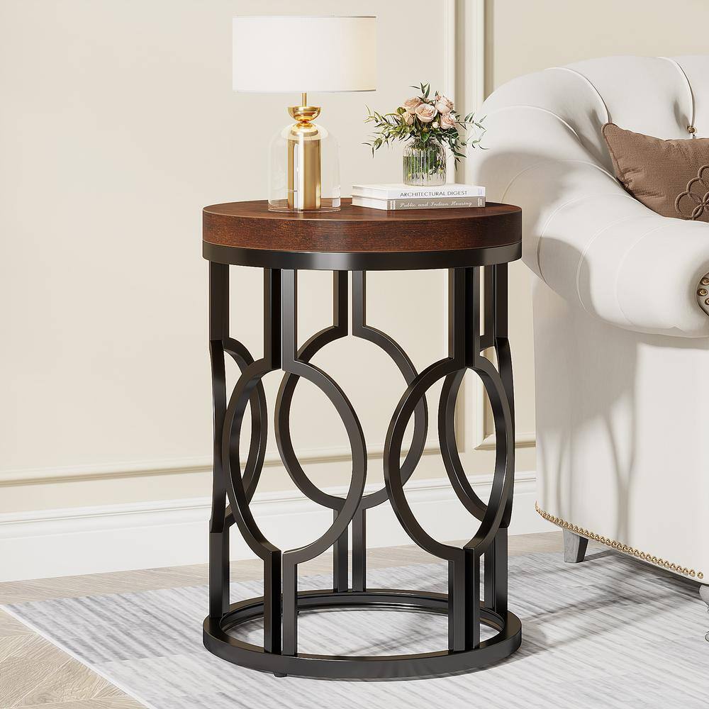 17.72 in. Rustic Brown Round Engineered Wood End Table, Side Table Nightstand with Metal Hollow Frame - thumbnail 10