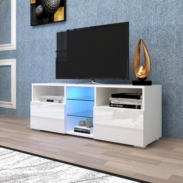 TV Cabinet Stand Entertainment Center Console High Gloss Unit W/ LED Light White 