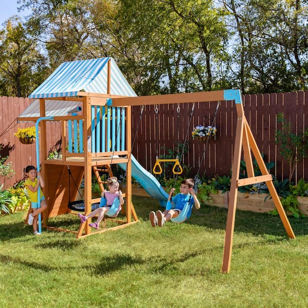 Teamson Kids Laguna Wooden Playset with Belt and Web Swing Slide