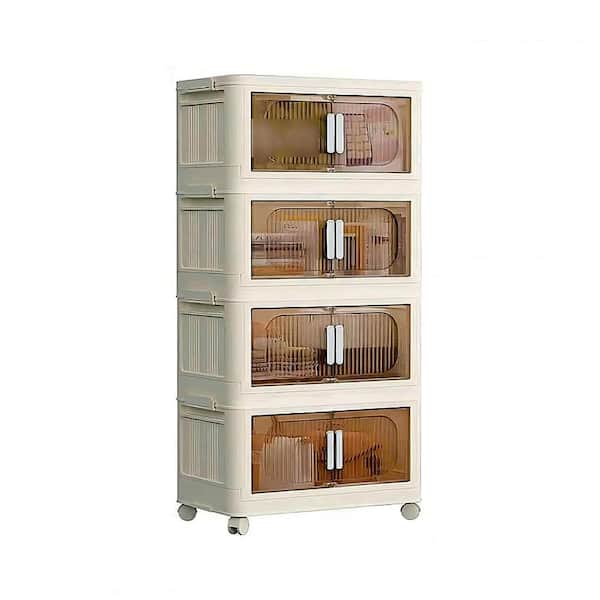 Unbranded 40.5 in. H Cream White Plastic Folding Storage Cabinet with Wheels 4-tier Collapsible Storage Bins Magnetic Door
