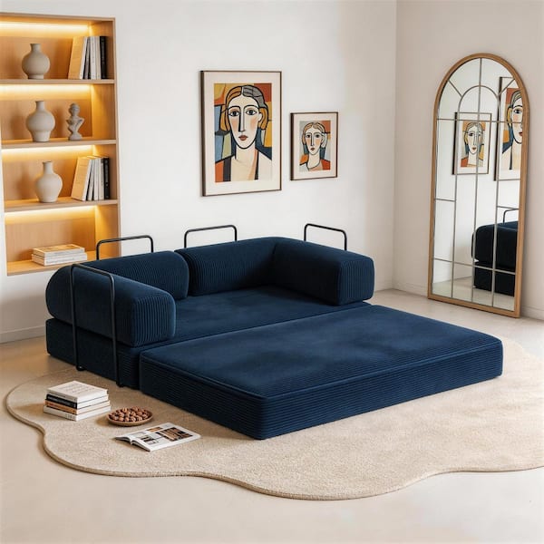 63 in. Blue Corduroy Full Size Convertible Sofa Bed with Adjustable cushion and Pillows(Set of 1)