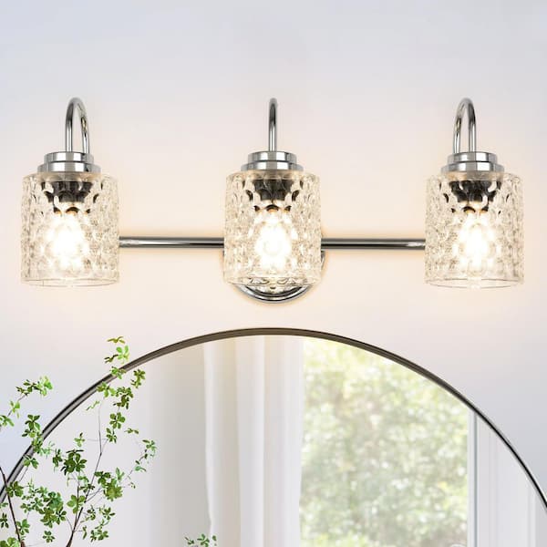 Henveton Nafissa 21.6 in. 3-Light Chrome Vanity Light with Cylinder Bubble Glass Shade Modern Over Mirror Lights for Bathroom
