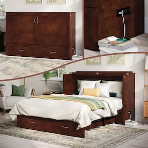 Raleigh Queen Walnut Wood Murphy Bed Chest with Mattress, Storage and Built-in Charging