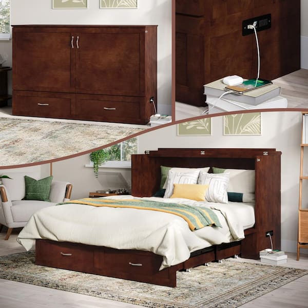 AFI Raleigh Queen Walnut Wood Murphy Bed Chest with Mattress, Storage and Built-in Charging