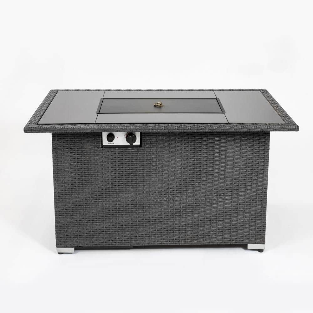 Gray Rectangle Wicker Outdoor Fire Pit Table with Tempered Glass Tabletop a